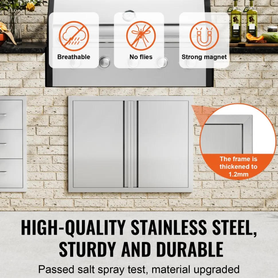 VEVOR BBQ Access Door, 31W x 24H Inch Double Outdoor Kitchen Door, Stainless Steel Flush Mount Door, Wall Vertical Door with Recessed Handles , for BBQ Island, Grilling Station, Outside Cabinet