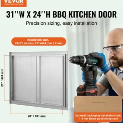VEVOR BBQ Access Door, 31W x 24H Inch Double Outdoor Kitchen Door, Stainless Steel Flush Mount Door, Wall Vertical Door with Recessed Handles , for BBQ Island, Grilling Station, Outside Cabinet