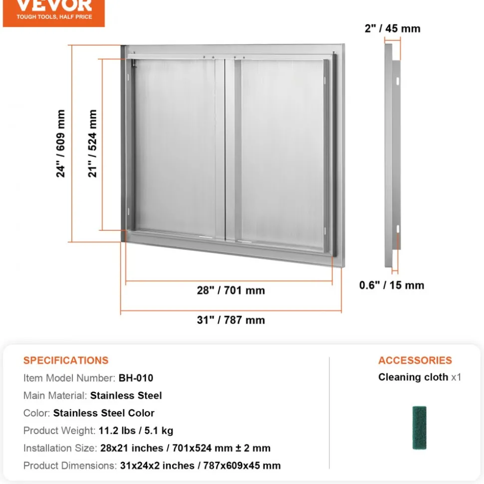 VEVOR BBQ Access Door, 31W x 24H Inch Double Outdoor Kitchen Door, Stainless Steel Flush Mount Door, Wall Vertical Door with Recessed Handles , for BBQ Island, Grilling Station, Outside Cabinet