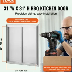 VEVOR BBQ Access Door, 31W x 31H Inch Double Outdoor Kitchen Door, Stainless Steel Flush Mount Door, Wall Vertical Door with Handles, for BBQ Island, Grilling Station, Outside Cabinet