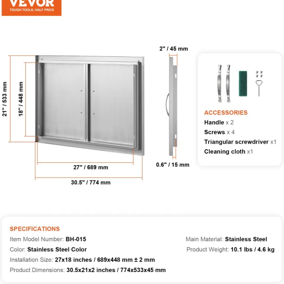 VEVOR BBQ Access Door, 30W x 21H Inch Double Outdoor Kitchen Door, Stainless Steel Flush Mount Door, Wall Vertical Door with Handles, for BBQ Island, Grilling Station, Outside Cabinet