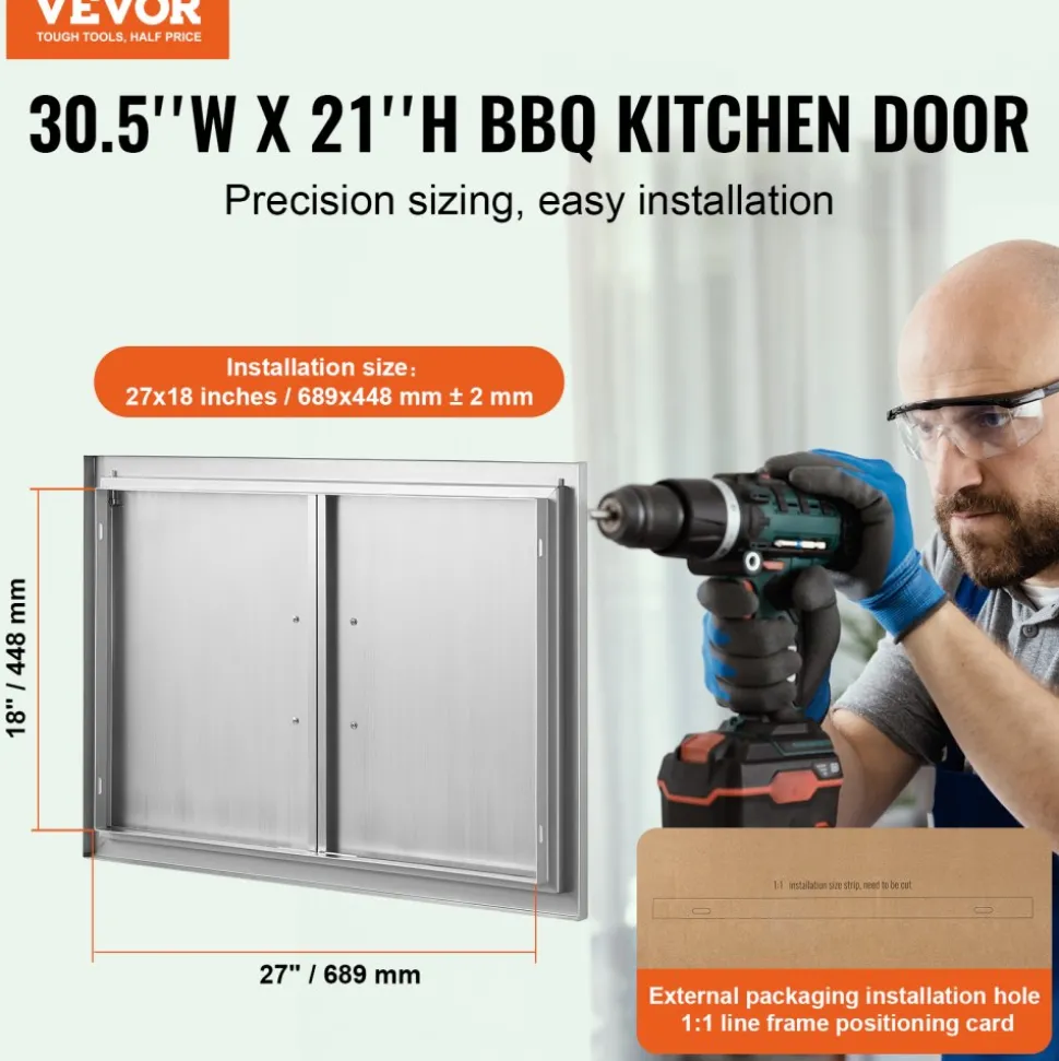 VEVOR BBQ Access Door, 30W x 21H Inch Double Outdoor Kitchen Door, Stainless Steel Flush Mount Door, Wall Vertical Door with Handles, for BBQ Island, Grilling Station, Outside Cabinet
