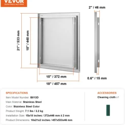 VEVOR BBQ Access Door, 18W x 21H Inch Single Outdoor Kitchen Door, Stainless Steel Flush Mount Door, Wall Vertical Door with Recessed Handle, for BBQ Island, Grilling Station, Outside Cabinet