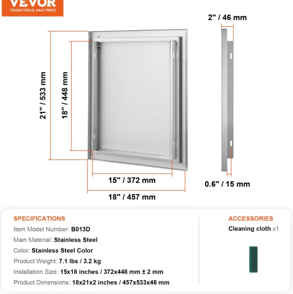 VEVOR BBQ Access Door, 18W x 21H Inch Single Outdoor Kitchen Door, Stainless Steel Flush Mount Door, Wall Vertical Door with Recessed Handle, for BBQ Island, Grilling Station, Outside Cabinet