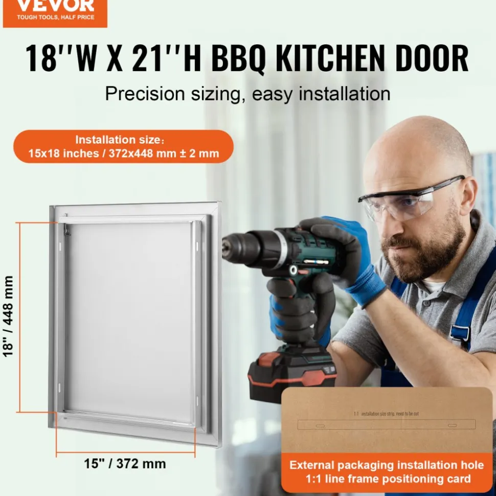 VEVOR BBQ Access Door, 18W x 21H Inch Single Outdoor Kitchen Door, Stainless Steel Flush Mount Door, Wall Vertical Door with Recessed Handle, for BBQ Island, Grilling Station, Outside Cabinet