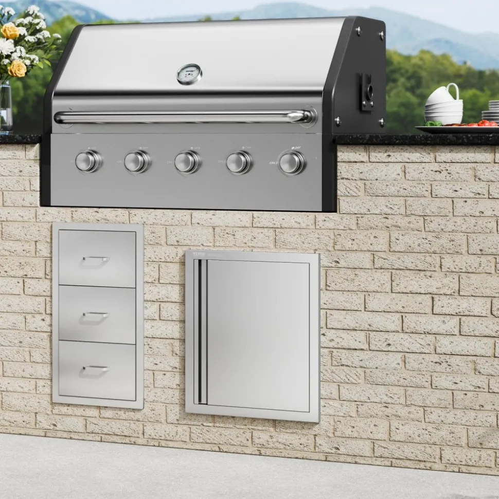 VEVOR BBQ Access Door, 18W x 21H Inch Single Outdoor Kitchen Door, Stainless Steel Flush Mount Door, Wall Vertical Door with Recessed Handle, for BBQ Island, Grilling Station, Outside Cabinet