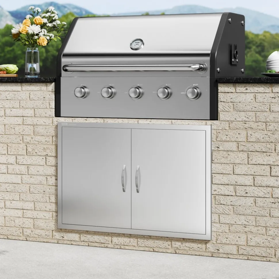 VEVOR BBQ Access Door, 39W x 26H Inch Double Outdoor Kitchen Door, Stainless Steel Flush Mount Door, Wall Vertical Door with Handles and Hooks, for BBQ Island, Grilling Station, Outside Cabinet