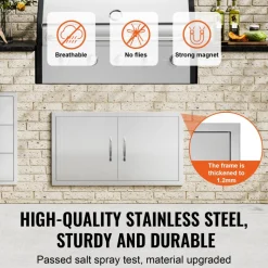 VEVOR BBQ Access Door, 34W x 19H Inch Double Outdoor Kitchen Door, Stainless Steel Flush Mount Door, Wall Vertical Door with Handles, for BBQ Island, Grilling Station, Outside Cabinet