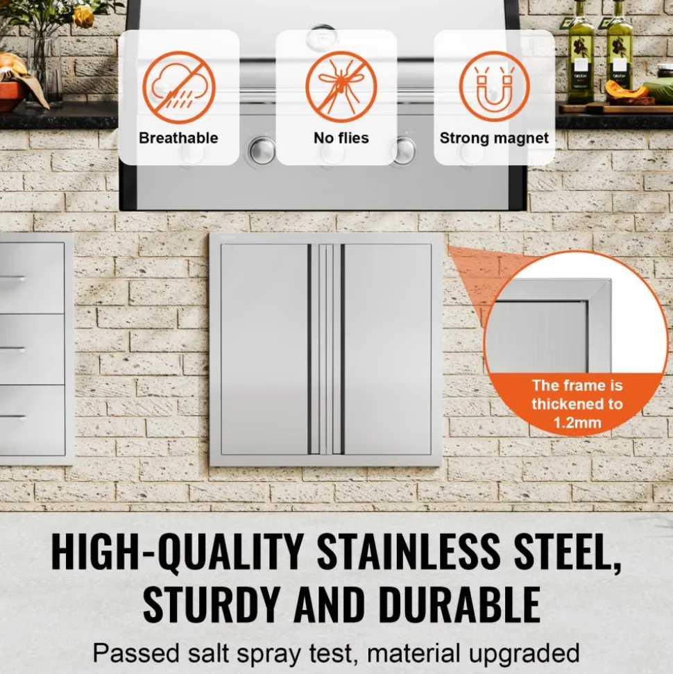 VEVOR BBQ Access Door, 24W x 24H Inch Double Outdoor Kitchen Door, Stainless Steel Flush Mount Door, Wall Vertical Door with Recessed Handles , for BBQ Island, Grilling Station, Outside Cabinet