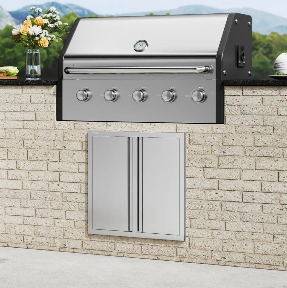 VEVOR BBQ Access Door, 24W x 24H Inch Double Outdoor Kitchen Door, Stainless Steel Flush Mount Door, Wall Vertical Door with Recessed Handles , for BBQ Island, Grilling Station, Outside Cabinet
