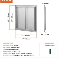 VEVOR BBQ Access Door, 24W x 24H Inch Double Outdoor Kitchen Door, Stainless Steel Flush Mount Door, Wall Vertical Door with Recessed Handles , for BBQ Island, Grilling Station, Outside Cabinet
