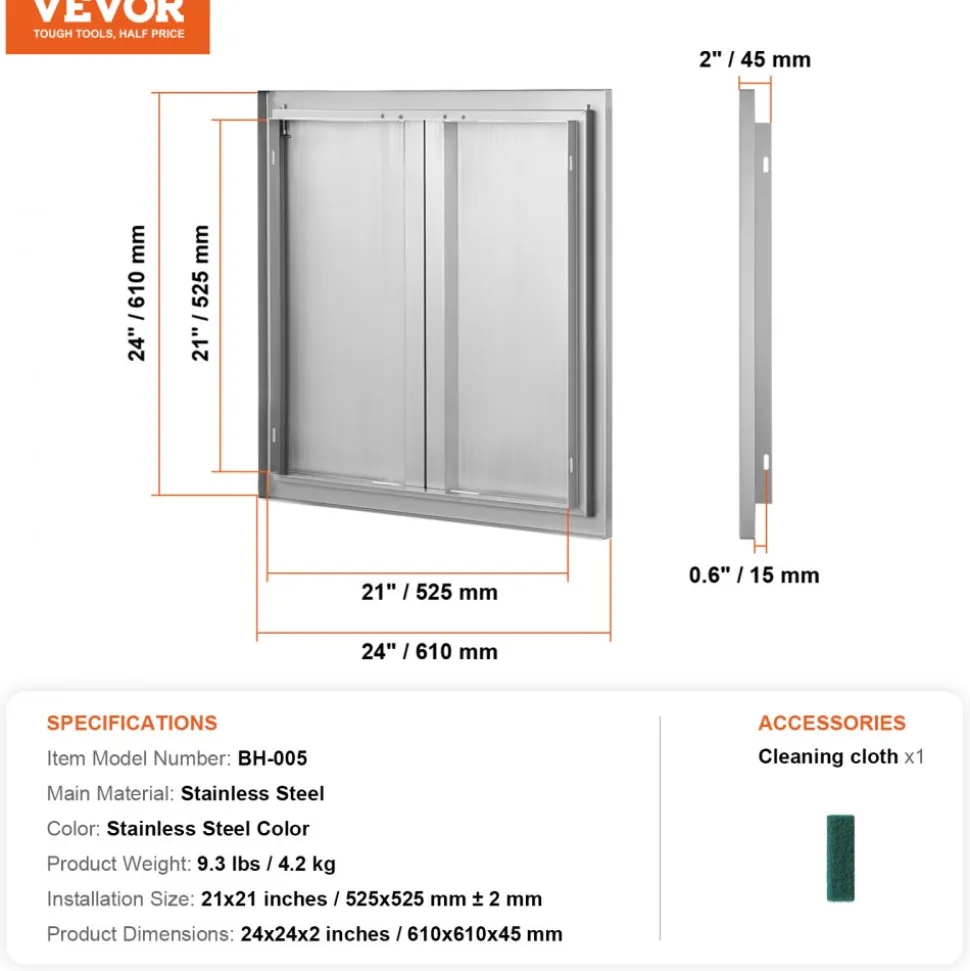 VEVOR BBQ Access Door, 24W x 24H Inch Double Outdoor Kitchen Door, Stainless Steel Flush Mount Door, Wall Vertical Door with Recessed Handles , for BBQ Island, Grilling Station, Outside Cabinet