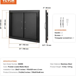 VEVOR BBQ Access Door, 31W x 24H Inch Double Outdoor Kitchen Door, Cold Plate Flush Mount Door, Wall Vertical Door with Handles, for BBQ Island, Grilling Station, Outside Cabinet(Stainless Steel + Oil-Sprayed Product)