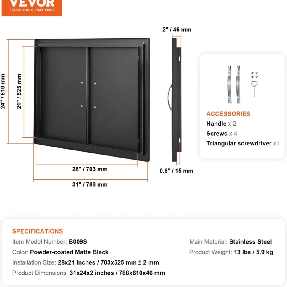VEVOR BBQ Access Door, 31W x 24H Inch Double Outdoor Kitchen Door, Cold Plate Flush Mount Door, Wall Vertical Door with Handles, for BBQ Island, Grilling Station, Outside Cabinet(Stainless Steel + Oil-Sprayed Product)