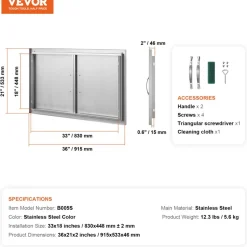 VEVOR BBQ Access Door, 36W x 21H Inch Double Outdoor Kitchen Door, Stainless Steel Flush Mount Door, Wall Vertical Door with Handles, for BBQ Island, Grilling Station, Outside Cabinet