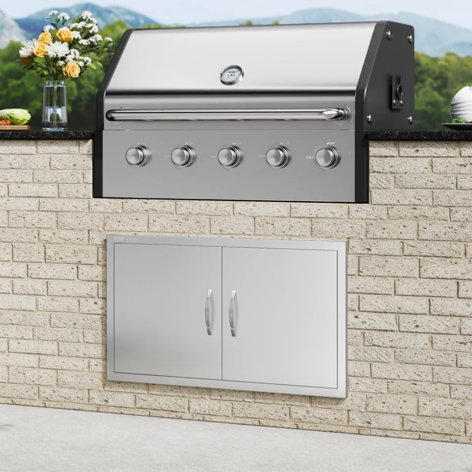 VEVOR BBQ Access Door, 36W x 21H Inch Double Outdoor Kitchen Door, Stainless Steel Flush Mount Door, Wall Vertical Door with Handles, for BBQ Island, Grilling Station, Outside Cabinet