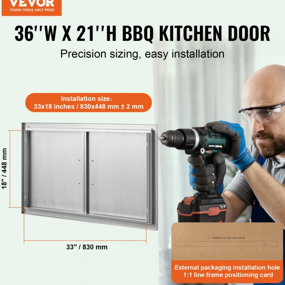 VEVOR BBQ Access Door, 36W x 21H Inch Double Outdoor Kitchen Door, Stainless Steel Flush Mount Door, Wall Vertical Door with Handles, for BBQ Island, Grilling Station, Outside Cabinet