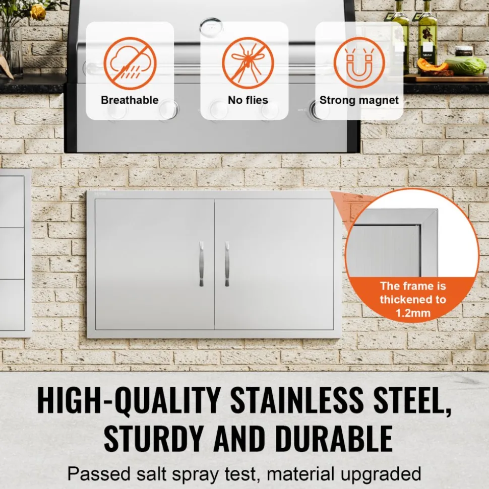 VEVOR BBQ Access Door, 36W x 21H Inch Double Outdoor Kitchen Door, Stainless Steel Flush Mount Door, Wall Vertical Door with Handles, for BBQ Island, Grilling Station, Outside Cabinet