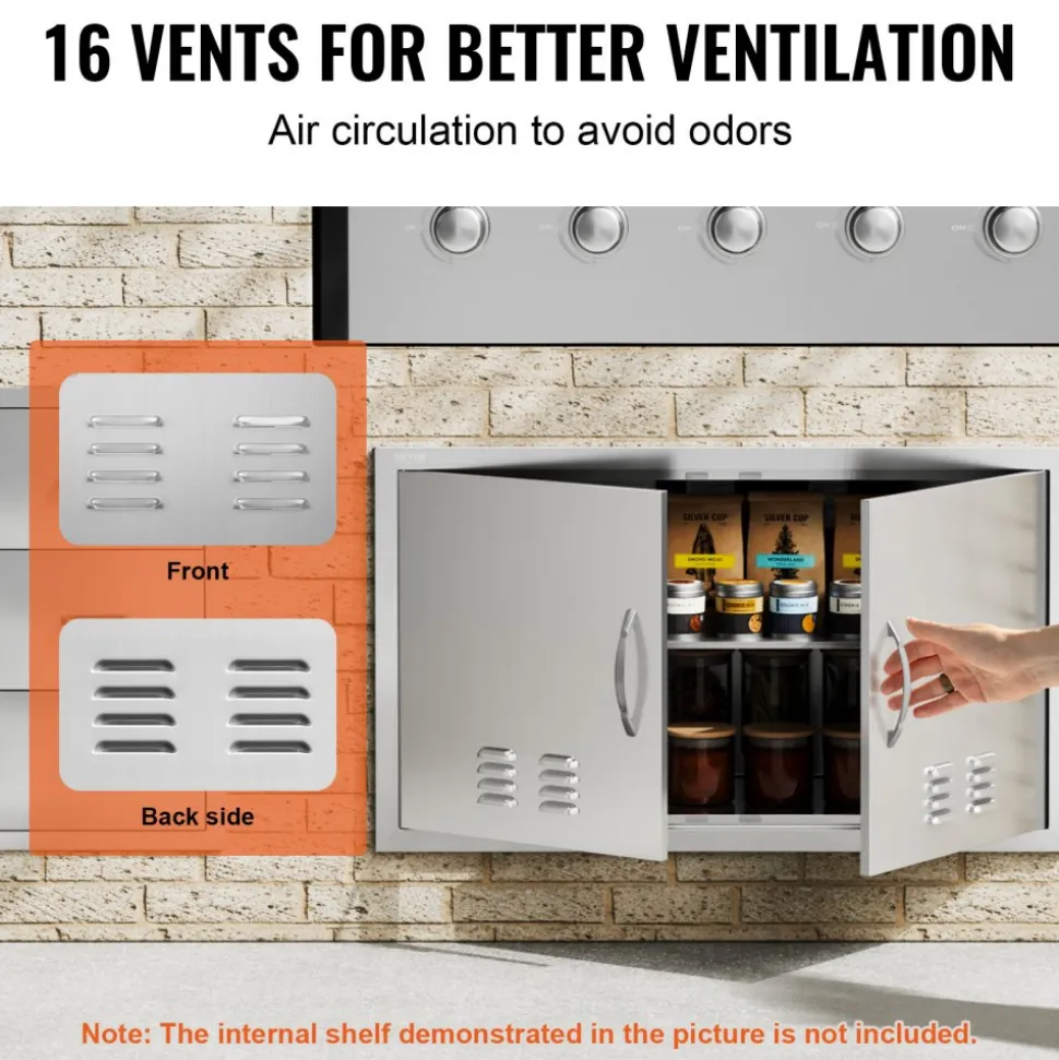 VEVOR BBQ Access Door, 36W x 21H Inch Double Outdoor Kitchen Door, Stainless Steel Flush Mount Door, Wall Vertical Door with Handles and Vents, for BBQ Island, Grilling Station, Outside Cabinet