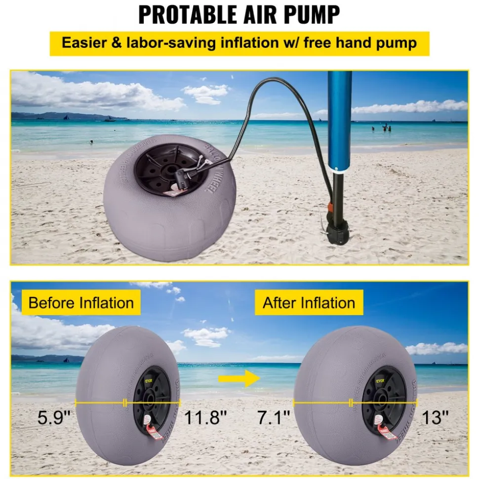 VEVOR Beach Balloon Wheels, 13" Replacement Sand Tires, TPU Cart Tires for Kayak Dolly, Canoe Cart and Buggy with Free Air Pump, 2-Pack