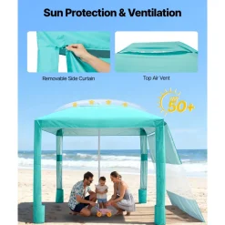 VEVOR Beach Cabana, 8 x 8 ft Beach Canopy with Side Wall, UPF 50+ Protection Easy Setup Cabana Tent with Sand Pockets, Adjustable Height Portable Shade Sun Shelter Umbrella for Family & Friends, Green