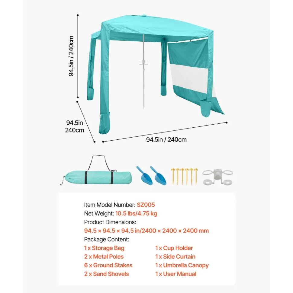 VEVOR Beach Cabana, 8 x 8 ft Beach Canopy with Side Wall, UPF 50+ Protection Easy Setup Cabana Tent with Sand Pockets, Adjustable Height Portable Shade Sun Shelter Umbrella for Family & Friends, Green