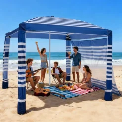 VEVOR Beach Cabana, 8 x 8 ft Beach Canopy with Side Wall, UPF 50+ Protection Easy Setup Cabana Tent with Sand Pockets, Adjustable Height Portable Shade Sun Shelter Umbrella for Family, Navy Stripes