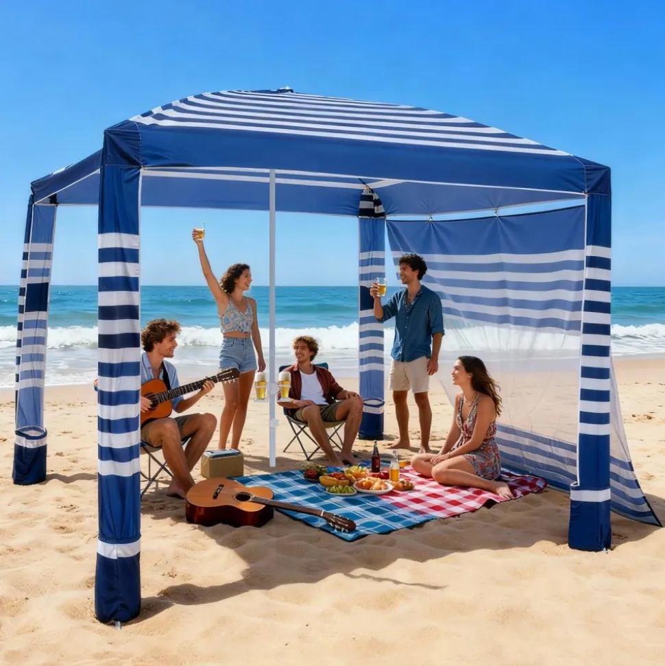 VEVOR Beach Cabana, 8 x 8 ft Beach Canopy with Side Wall, UPF 50+ Protection Easy Setup Cabana Tent with Sand Pockets, Adjustable Height Portable Shade Sun Shelter Umbrella for Family, Navy Stripes