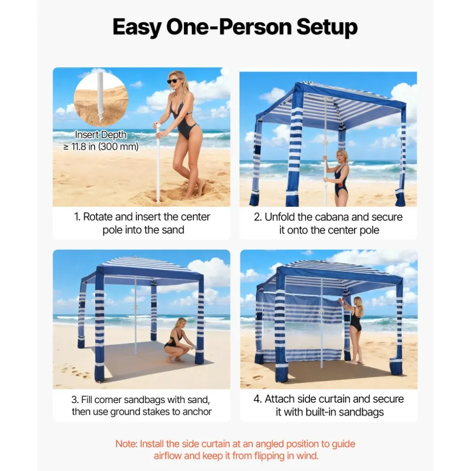 VEVOR Beach Cabana, 8 x 8 ft Beach Canopy with Side Wall, UPF 50+ Protection Easy Setup Cabana Tent with Sand Pockets, Adjustable Height Portable Shade Sun Shelter Umbrella for Family, Navy Stripes