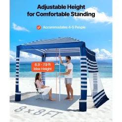 VEVOR Beach Cabana, 8 x 8 ft Beach Canopy with Side Wall, UPF 50+ Protection Easy Setup Cabana Tent with Sand Pockets, Adjustable Height Portable Shade Sun Shelter Umbrella for Family, Navy Stripes