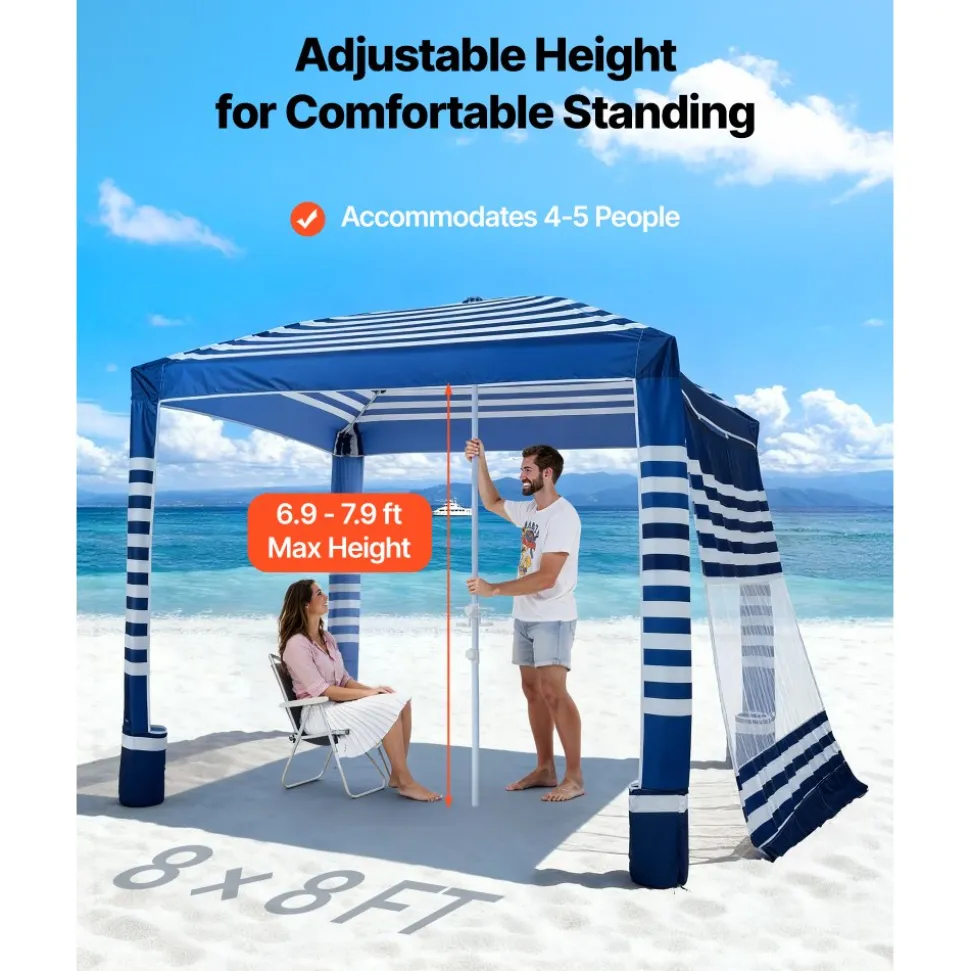 VEVOR Beach Cabana, 8 x 8 ft Beach Canopy with Side Wall, UPF 50+ Protection Easy Setup Cabana Tent with Sand Pockets, Adjustable Height Portable Shade Sun Shelter Umbrella for Family, Navy Stripes