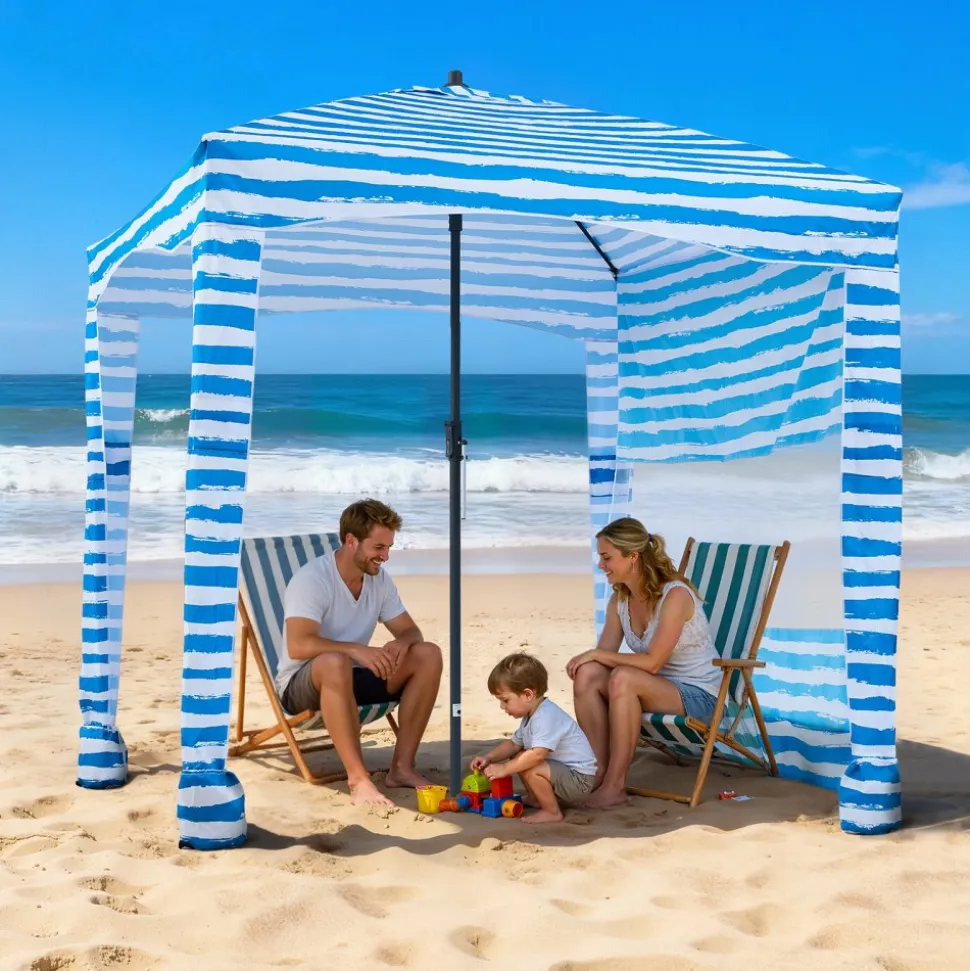 VEVOR Beach Cabana, 6 x 6 ft Beach Canopy with Side Wall, UPF 50+ Protection Easy Setup Cabana Tent with Sand Pockets, Portable Shade Sun Shelter Umbrella for Whole Family & Friends, Blue Stripes