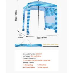 VEVOR Beach Cabana, 6 x 6 ft Beach Canopy with Side Wall, UPF 50+ Protection Easy Setup Cabana Tent with Sand Pockets, Portable Shade Sun Shelter Umbrella for Whole Family & Friends, Blue Stripes