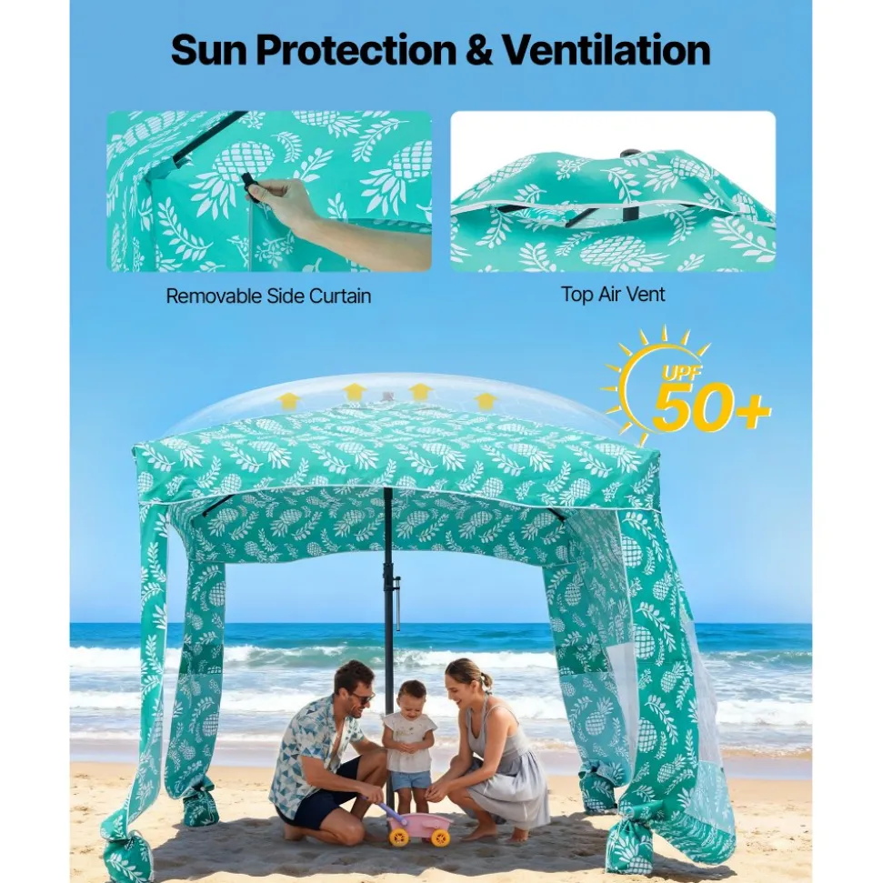 VEVOR Beach Cabana, 6 x 6 ft Beach Canopy with Side Wall, UPF 50+ Protection Easy Setup Cabana Tent with Sand Pockets, Large Portable Shade Sun Shelter, Outdoor Umbrella for Whole Family & Friends