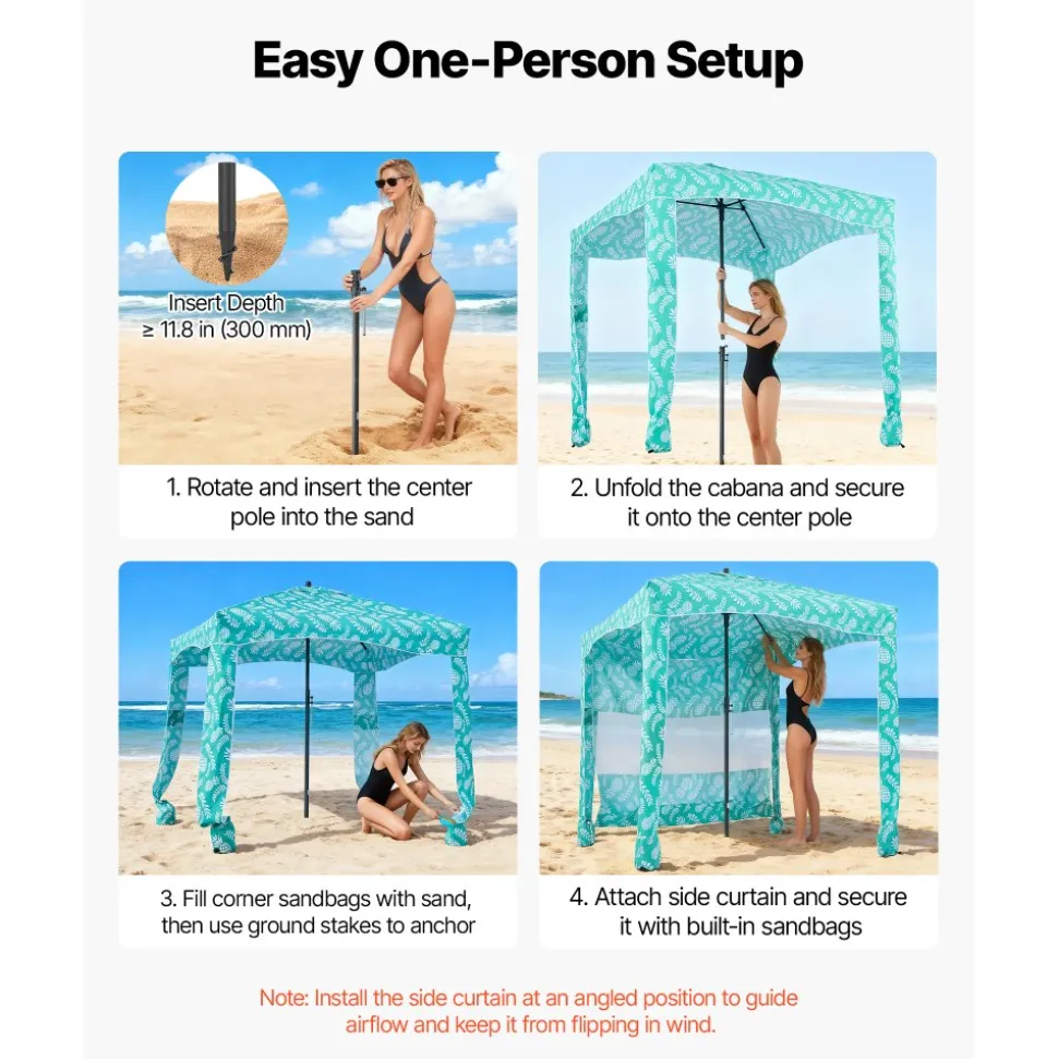 VEVOR Beach Cabana, 6 x 6 ft Beach Canopy with Side Wall, UPF 50+ Protection Easy Setup Cabana Tent with Sand Pockets, Large Portable Shade Sun Shelter, Outdoor Umbrella for Whole Family & Friends