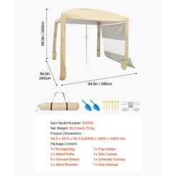 VEVOR Beach Cabana, 8 x 8 ft Beach Canopy with Side Wall, UPF 50+ Protection Easy Setup Cabana Tent with Sand Pockets, Adjustable Height Portable Shade Sun Shelter Umbrella for Family & Friends, Khaki