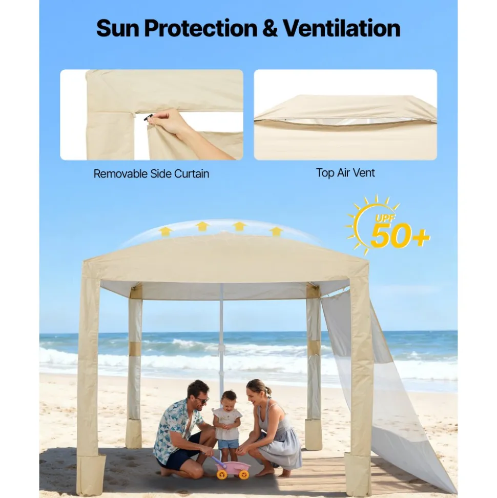 VEVOR Beach Cabana, 8 x 8 ft Beach Canopy with Side Wall, UPF 50+ Protection Easy Setup Cabana Tent with Sand Pockets, Adjustable Height Portable Shade Sun Shelter Umbrella for Family & Friends, Khaki