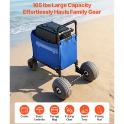 VEVOR Beach Cart with Large Wheels for Sand, 165 lbs Load Capacity, Heavy Duty Folding Beach Wagon with 12" Balloon Wheels, Storage Bag, 33" to 45" Adjustable Height, Dolly for Camping Fishing Garden