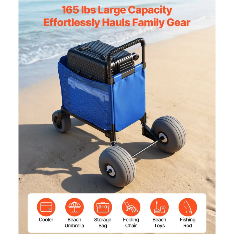 VEVOR Beach Cart with Large Wheels for Sand, 165 lbs Load Capacity, Heavy Duty Folding Beach Wagon with 12" Balloon Wheels, Storage Bag, 33" to 45" Adjustable Height, Dolly for Camping Fishing Garden