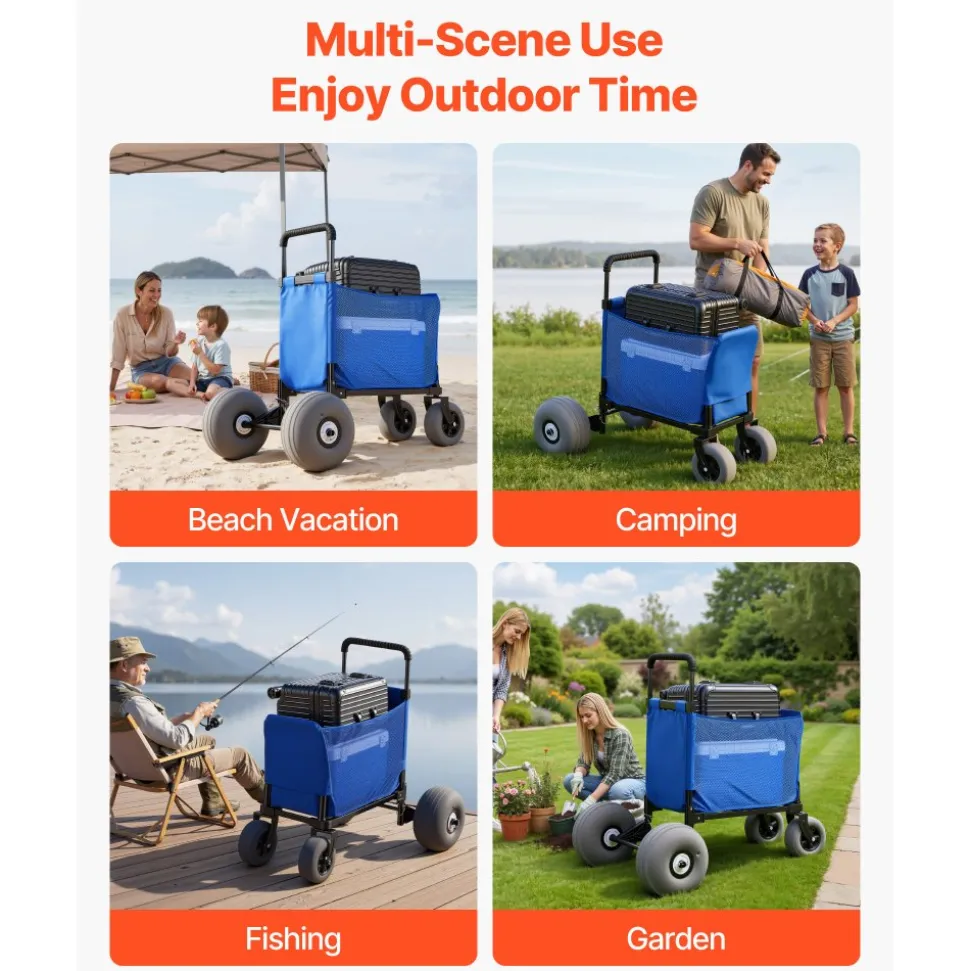 VEVOR Beach Cart with Large Wheels for Sand, 165 lbs Load Capacity, Heavy Duty Folding Beach Wagon with 12" Balloon Wheels, Storage Bag, 33" to 45" Adjustable Height, Dolly for Camping Fishing Garden