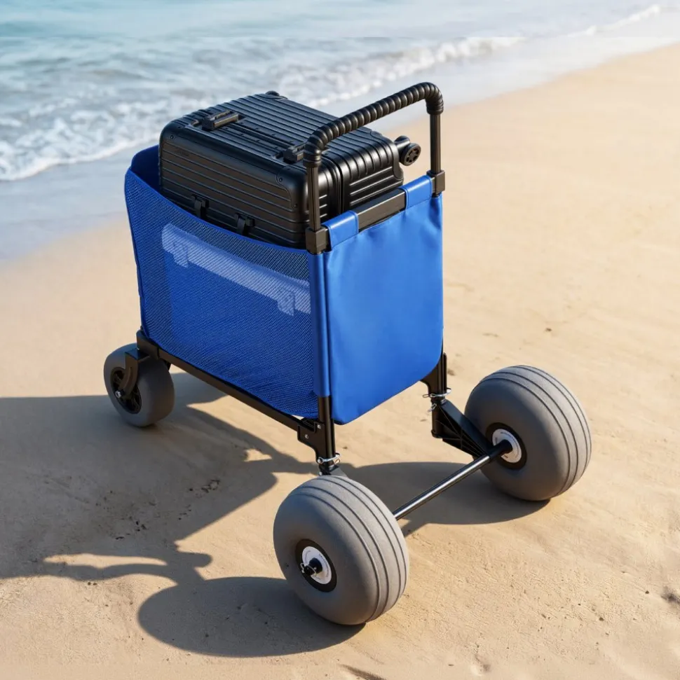 VEVOR Beach Cart with Large Wheels for Sand, 165 lbs Load Capacity, Heavy Duty Folding Beach Wagon with 12" Balloon Wheels, Storage Bag, 33" to 45" Adjustable Height, Dolly for Camping Fishing Garden
