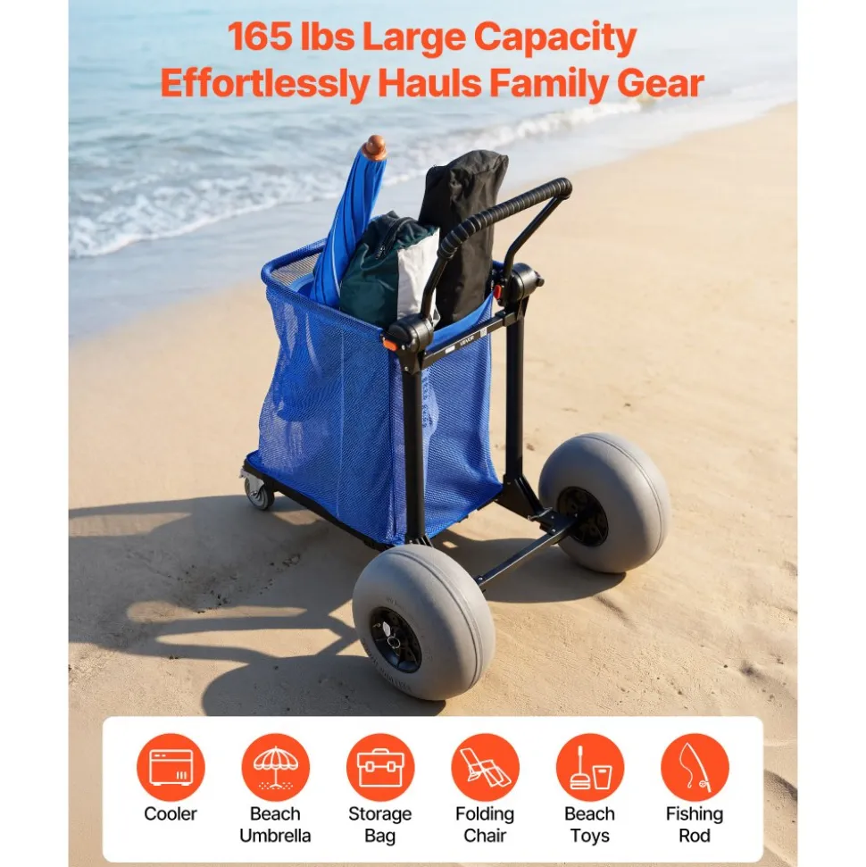 VEVOR Beach Cart with Large Wheels for Sand, 165 lbs Load Capacity, Heavy Duty Folding Beach Wagon with 12" Balloon Wheels, Storage Bag, 180° Adjustable Handlebar, Dolly for Camping Fishing Garden