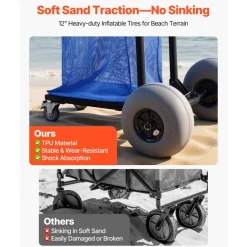 VEVOR Beach Cart with Large Wheels for Sand, 165 lbs Load Capacity, Heavy Duty Folding Beach Wagon with 12