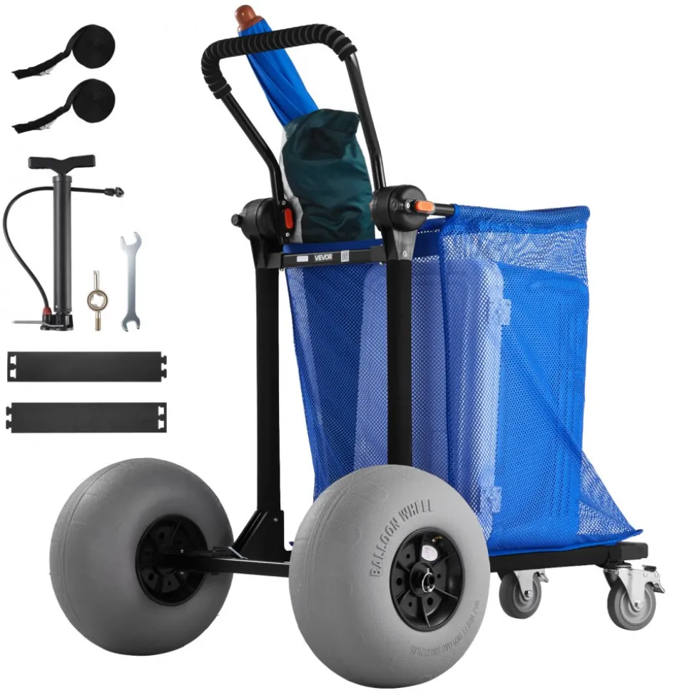 VEVOR Beach Cart with Large Wheels for Sand, 165 lbs Load Capacity, Heavy Duty Folding Beach Wagon with 12" Balloon Wheels, Storage Bag, 180° Adjustable Handlebar, Dolly for Camping Fishing Garden