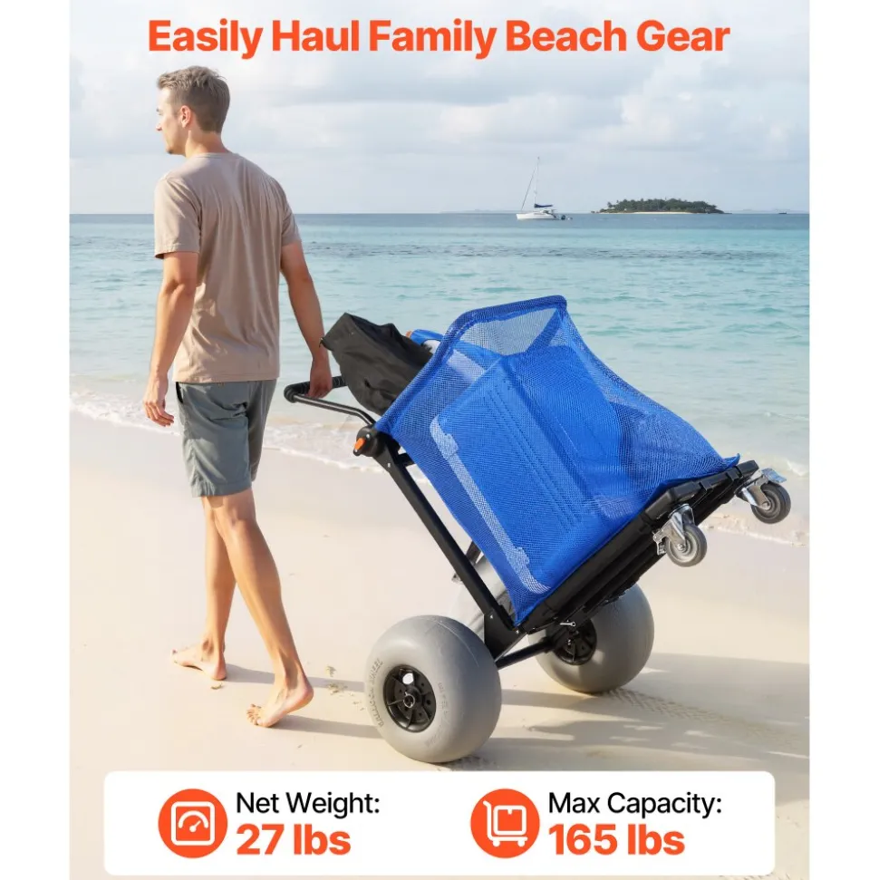 VEVOR Beach Cart with Large Wheels for Sand, 165 lbs Load Capacity, Heavy Duty Folding Beach Wagon with 12" Balloon Wheels, Storage Bag, 180° Adjustable Handlebar, Dolly for Camping Fishing Garden