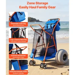 VEVOR Beach Cart with Large Wheels for Sand, 165 lbs Load Capacity, Heavy Duty Folding Beach Wagon with 10" Solid Wheels, Insulated Cooler Bag, Umbrella Holder, Holds 4 Chairs for Camping & Fishing