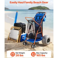 VEVOR Beach Cart with Large Wheels for Sand, 165 lbs Load Capacity, Heavy Duty Folding Beach Wagon with 10