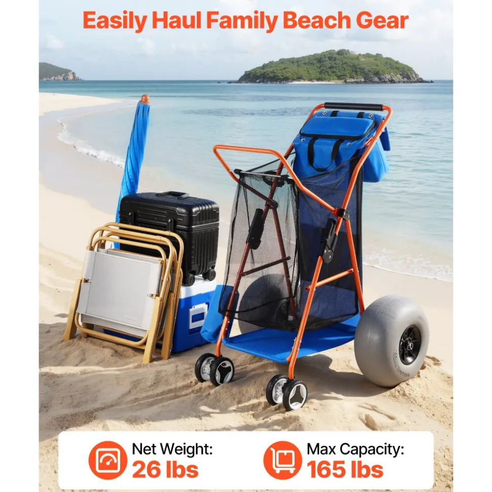 VEVOR Beach Cart with Large Wheels for Sand, 165 lbs Load Capacity, Heavy Duty Folding Beach Wagon with 10" Solid Wheels, Insulated Cooler Bag, Umbrella Holder, Holds 4 Chairs for Camping & Fishing