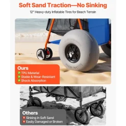 VEVOR Beach Cart with Large Wheels for Sand, 165 lbs Load Capacity, Heavy Duty Folding Beach Wagon with 10