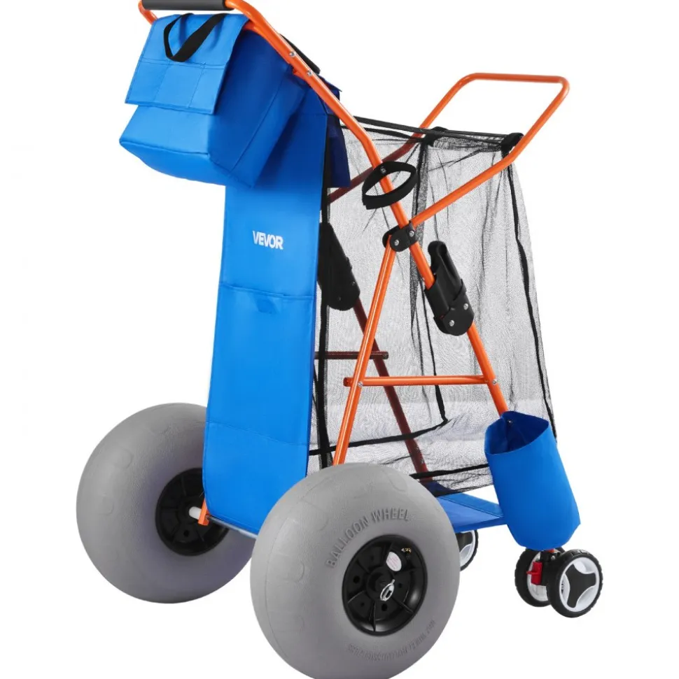 VEVOR Beach Cart with Large Wheels for Sand, 165 lbs Load Capacity, Heavy Duty Folding Beach Wagon with 10" Solid Wheels, Insulated Cooler Bag, Umbrella Holder, Holds 4 Chairs for Camping & Fishing